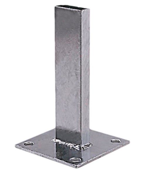 Pfostenträger zum Aufschrauben aus verzinktem Stahl mit quadratischer Grundplatte und vier Bohrlöchern.