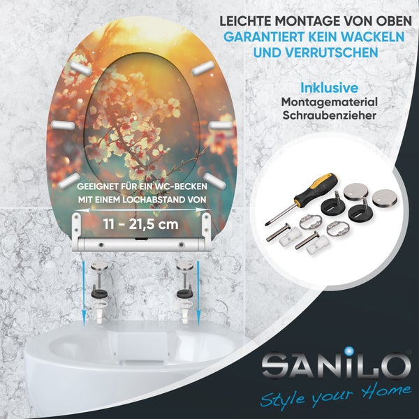 Sanilo Toilettensitz, Kirschblüten-Motiv, Montagematerial, Schraubendreher, Lochabstand 11 bis 21,5 Zentimeter. Sanilo Logo