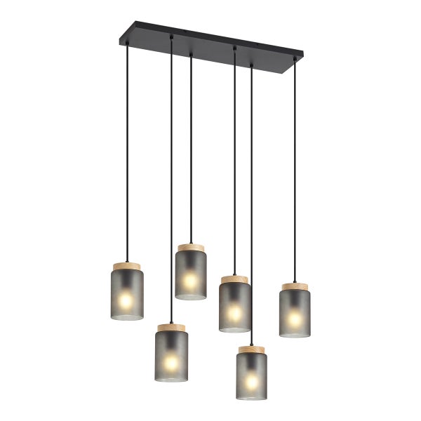 Sechsflammige Pendelleuchte mit schwarzer Deckenhalterung, Zylindern aus Rauchglas und hellen Holzdetails.