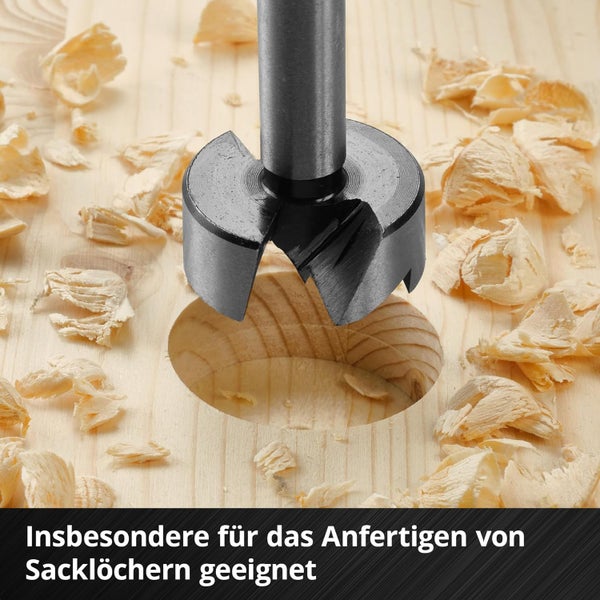 Original Einhell M-CASE 5-tlg. Forstnerbohrer-Set (aus C65 Stahl, E 6.3 Schaft, Querschneide, Zentrierspitze, konische Kopfform, 4-seitig geschlossene Vorschneide inkl. Aufbewahrungsbox)