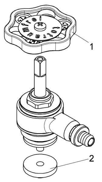 Explosionszeichnung einer frostfreien Außenarmatur mit Handrad, Ventiloberteil und Dichtung.