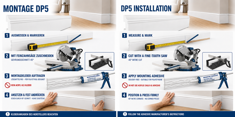 Montageanleitung für DP5 Sockelleisten: Schritt für Schritt Anleitung zum Messen, Sägen, Kleben und Anbringen der Leisten an der Wand.