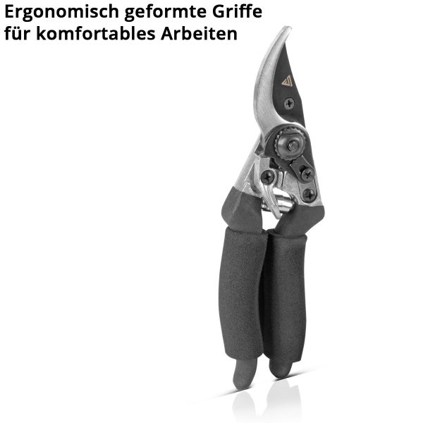 Bypass-Gartenschere mit ergonomisch geformten Griffen für komfortables Schneiden.