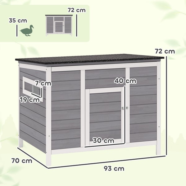 Entenhaus aus Holz, grau und weiß, Maße 93 mal 70 mal 72 Zentimeter. Türöffnung 30 mal 40 Zentimeter. Mit Fenster an der Seite.