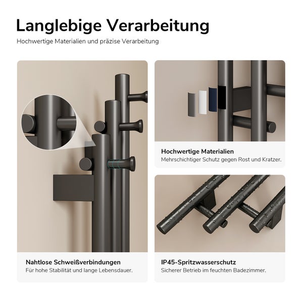 Infografik für Handtuchheizkörper mit Details zu nahtlosen Schweißverbindungen, mehrschichtigem Rostschutz und IP45-Spritzwasserschutz.