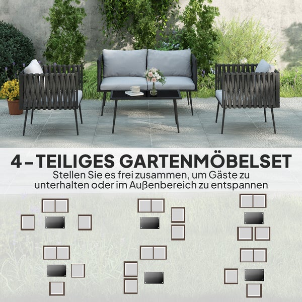 Outsunny Gartenmöbel Set 4 Personen wetterfest Balkonmöbel-Set mit 2er Sofa, Sessel Glastisch Sitzkissen Outdoor Sitzgruppe Gartengarnitur Gartenlounge für Garten Balkon Hellgrau