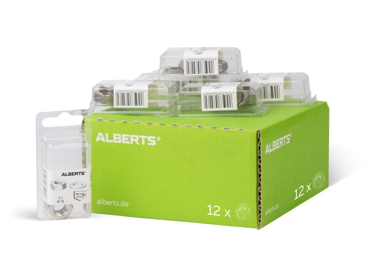 Alberts Sechskantmuttern M10 aus rostfreiem Edelstahl im Set mit zwölf Blisterpackungen