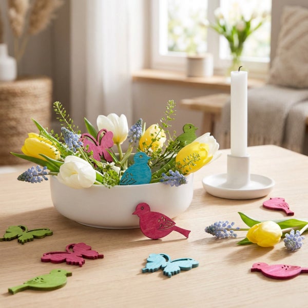 Frühlingshafte Tischdekoration mit einer weißen Schale voller Tulpen und Traubenhyazinthen, verziert mit hölzernen Vogel- und Schmetterlingsfiguren.