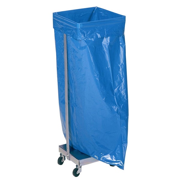 Fahrbarer Müllsackständer aus Metall mit einem blauen Müllsack auf vier Rollen.