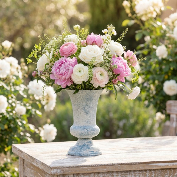 Ein Blumenstrauß mit Pfingstrosen und Ranunkeln in einer rustikalen Vase auf einem Holztisch im Garten.