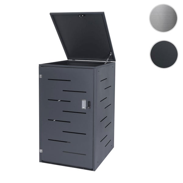 Mülltonnenbox mit geöffnetem Deckel und Designelementen