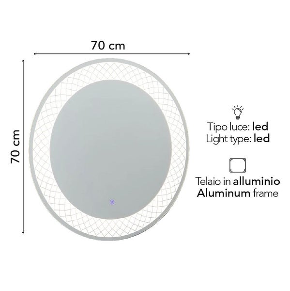 Runder LED-Badspiegel mit Aluminiumrahmen, Durchmesser 70 Zentimeter, LED-Beleuchtung und Touch-Sensor.