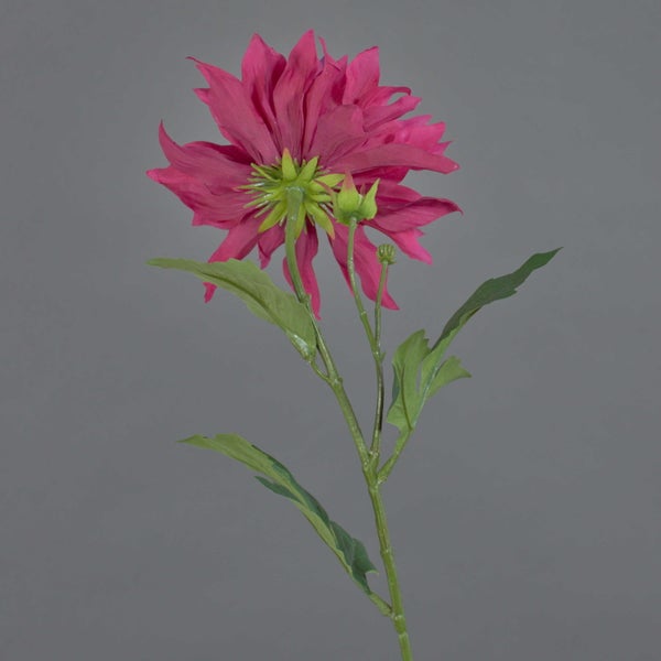 Künstliche Dahlie in Pink mit grünem Stiel und Blättern.
