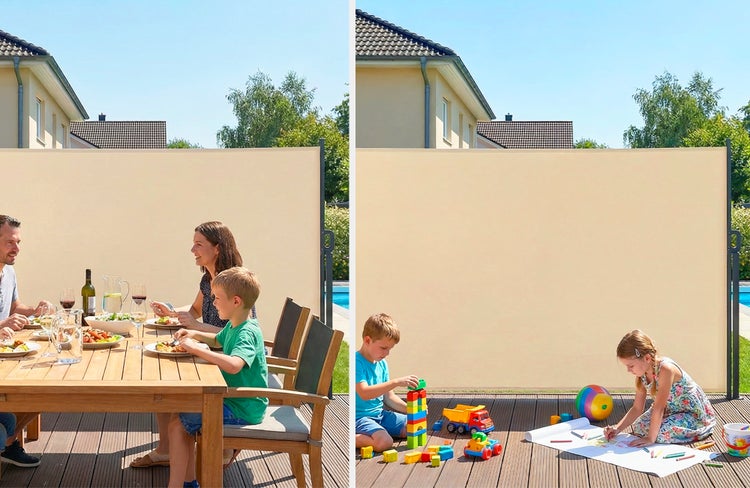 Ausziehbare Seitenmarkise als Sichtschutz auf einer Terrasse mit Holzmöbeln und spielenden Kindern.