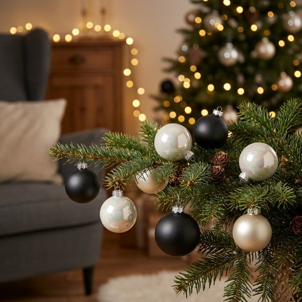 Weihnachtsbaumkugeln in verschiedenen Oberflächen an Tannenzweigen mit Lichterkette im Hintergrund