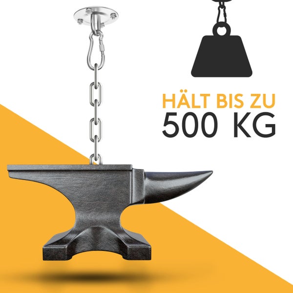 Deckenhalterung mit Kette trägt einen Amboss, die maximale Belastbarkeit beträgt 500 Kilogramm.