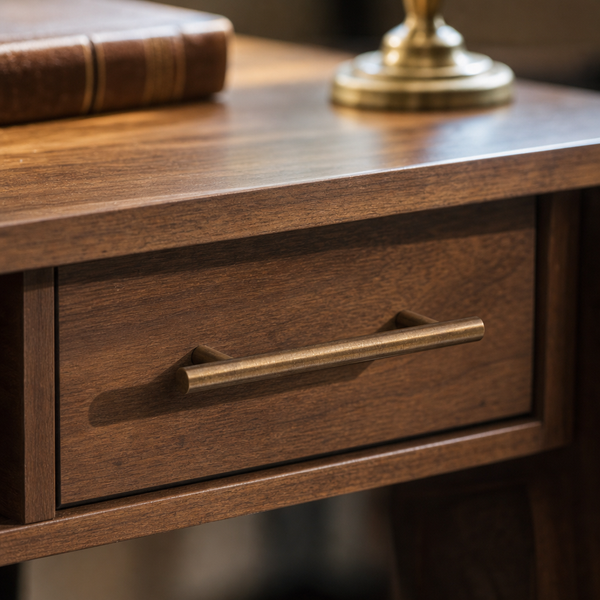 Nahaufnahme einer dunkelbraunen Holzschublade mit einem horizontalen Metallgriff in Bronzeoptik.