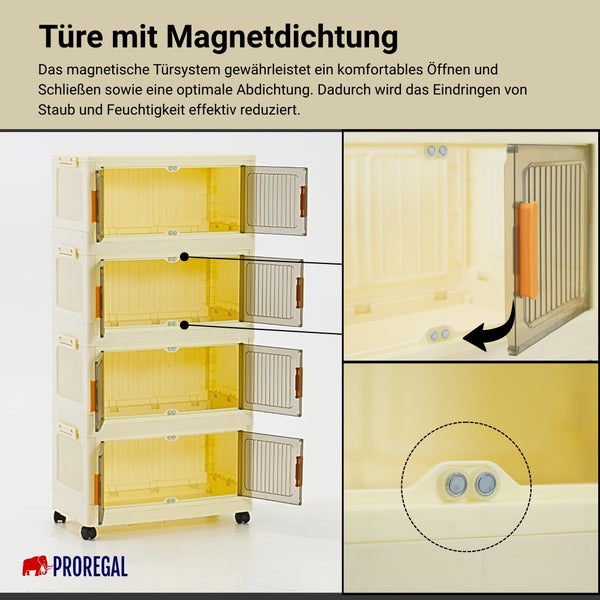 Vierstöckiges Kunststoffregal auf Rollen mit Fronttüren und Magnetdichtung für staubfreies Verschließen. Proregal Logo.