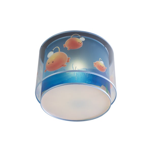 Zylindrische Deckenleuchte für Kinder mit Unterwasser-Motiv und orangefarbenen Fischen.