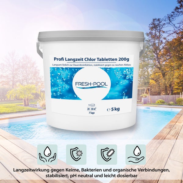 Fresh-Pool Profi Langzeit Chlor Tabletten 200g 5 kg - Chlortabs /<br />Chlortabletten für Pool | Chlor Langzeittabletten Pool | Langzeit<br />Chlortabletten 200g