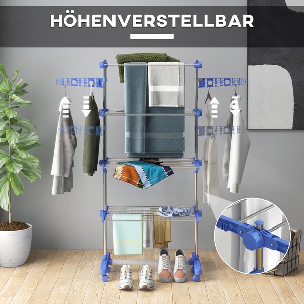 HOMCOM Wäscheständer, 142 x 55 x 172 cm, Stahl, Blau