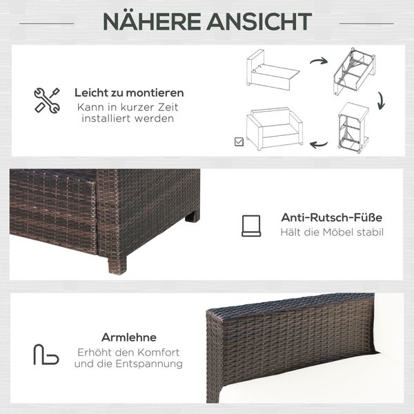 Outsunny Poly-Rattan Sofa mit Kissen, 2-Sitzer Garten Loungesofa, 130 x 70 x 80 cm, Metall, Polyester, Braun+Weiß