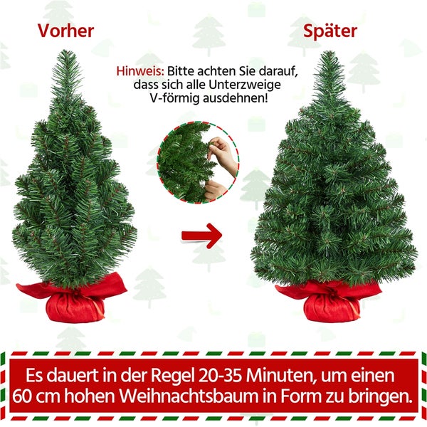 Vorher-Nachher-Vergleich eines grünen, künstlichen Weihnachtsbaums mit roter Stoffbasis und Hinweis zum V-förmigen Ausdehnen der Unterzweige, um einen 60 Zentimeter hohen Weihnachtsbaum in Form zu bringen.
