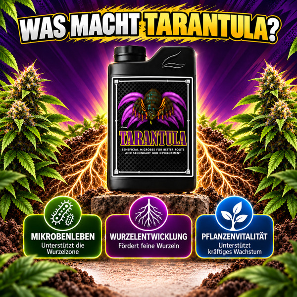 Tarantula Pflanzendünger Flasche zur Förderung von Wurzelentwicklung und Vitalität durch nützliche Mikroben für Pflanzen.