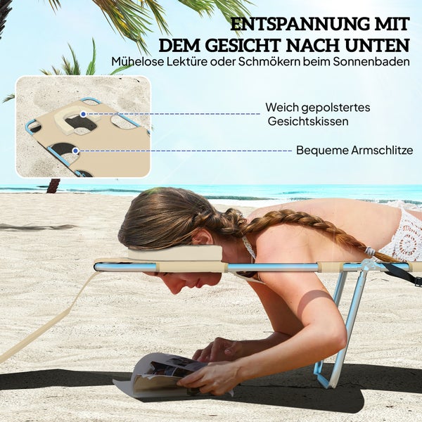 Gartenliege mit Gesichtsaussparung und Armschlitzen zum Lesen in Bauchlage am Strand.