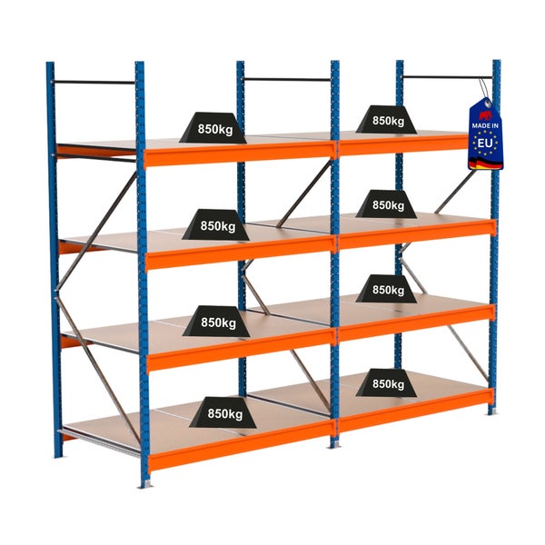 Lagerregal mit acht Gewichten von 850 Kilogramm und Etikett Made in EU