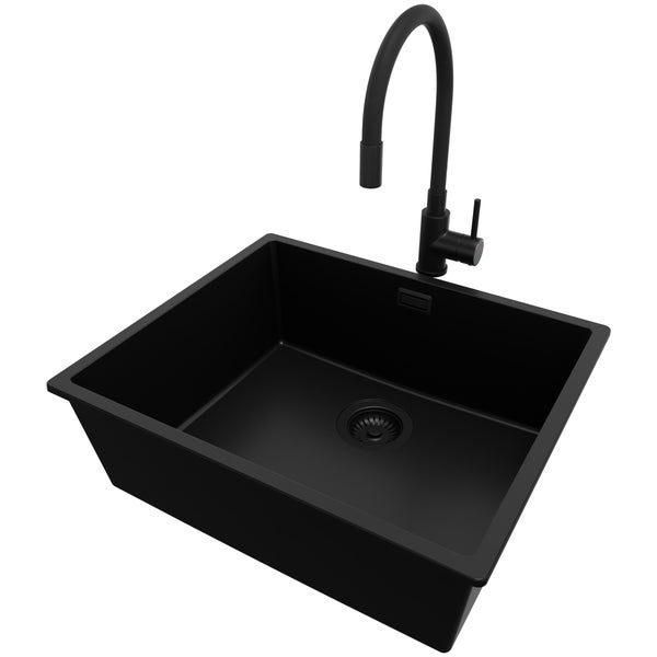 PRIMAGRAN Granitspüle Alles Schwarz 56x47cm, Spülbecken 1 Becken + Küchenarmatur 40x38cm + Ablauf-Set, Küchenspüle ab 60er Unterschrank - London Slim