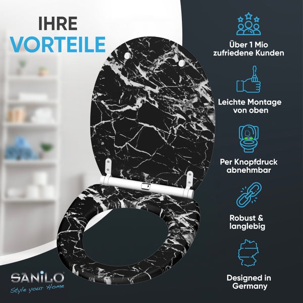 Toilettensitz mit Marmoroptik und Scharnieren, Sanilo Logo, Vorteile umfassen einfache Montage, Abnehmbarkeit und Langlebigkeit.