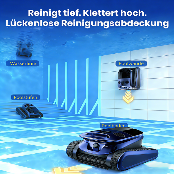 Poolroboter reinigt Poolboden, Poolstufen, Poolwände und Wasserlinie für eine lückenlose Reinigung im Schwimmbecken.