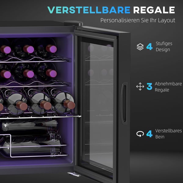 Weinkühlschrank mit vier Ebenen, drei herausnehmbaren Regalen und vier verstellbaren Standfüßen zur Flaschenlagerung.