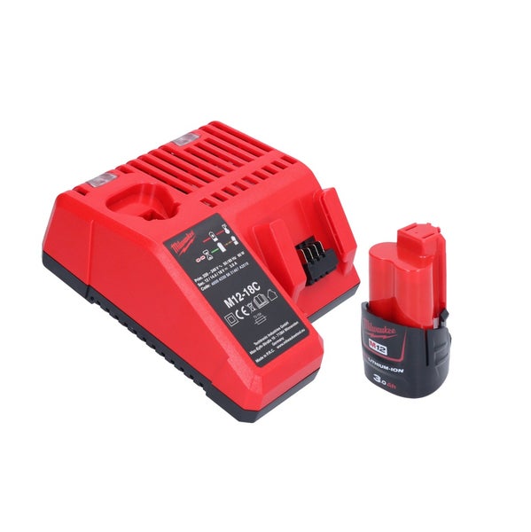 Milwaukee Akku-Ladegerät M12-18C und Milwaukee M12 Lithium-Ionen-Akku mit 3,0 Amperestunden