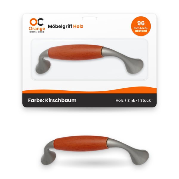 Möbelgriff in Kirschbaum Optik aus Holz und Zink mit 96 Millimeter Lochabstand in einer Blisterverpackung