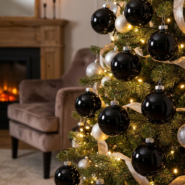 Weihnachtsbaum geschmückt mit glänzenden schwarzen und silbernen Weihnachtskugeln sowie Lichterkette vor einem Kamin.