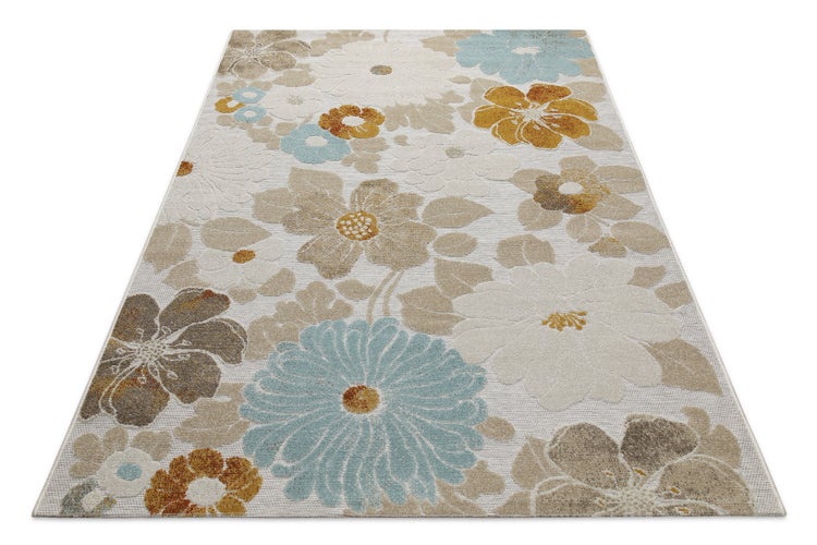 Kurzflorteppich mit modernem floralem Muster in Blau, Beige und Braun.
