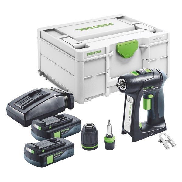 Festool Akku-Bohrschrauber-Set C 18 mit zwei 18 Volt Akkus, Ladegerät und Zubehör im Systainer.