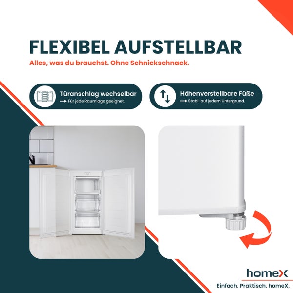 Produktbild mit dem Hinweis: Flexibel aufstellbar durch wechselbaren Türanschlag und höhenverstellbare Füße.