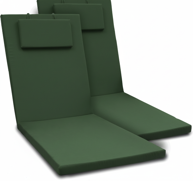 Set aus zwei dunkelgrünen Gartenliegen-Auflagen mit integrierten Kopfkissen.