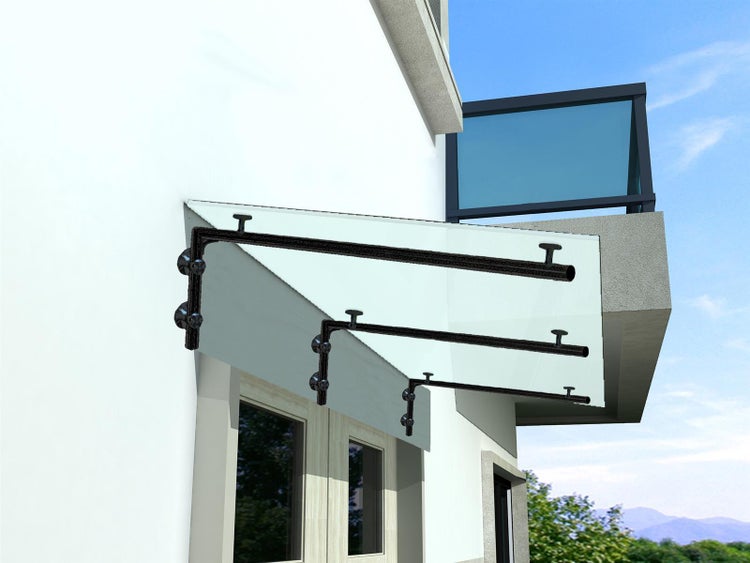 BuyLando (3L) 250x90 cm Milchglas Glasvordach inkl. Edelstahlhalter in Schwarz