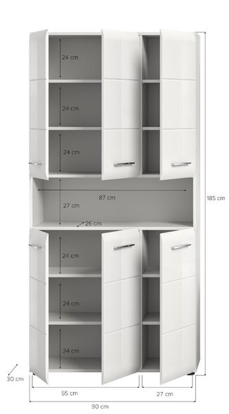 Weißer Mehrzweckschrank mit Maßen: 185 Zentimeter hoch, 90 Zentimeter breit, 30 Zentimeter tief. Fachhöhe 24 Zentimeter.