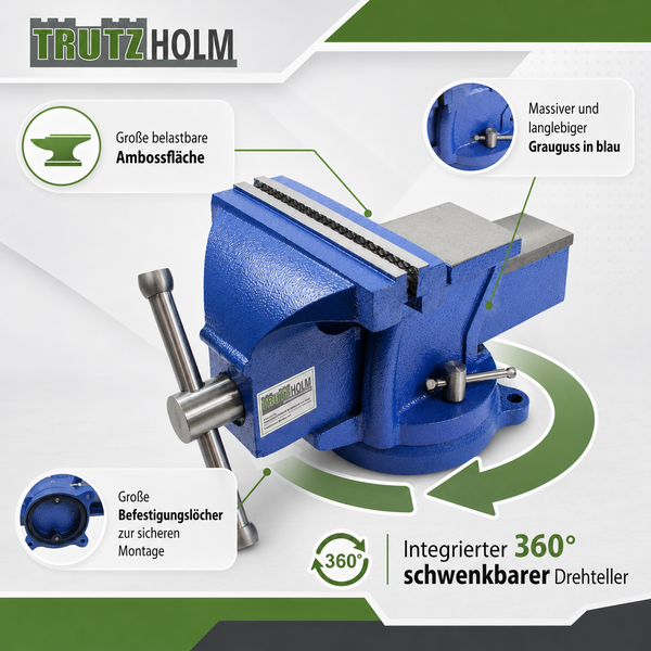 TrutzHolm Werkbank-Schraubstock aus Gusseisen mit integriertem Drehteller, Ambossfläche und Befestigungslöchern für Werkstatt und Heimwerkerbedarf.