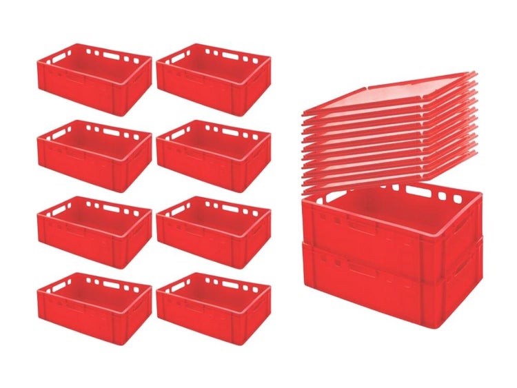 PROREGAL SparSet 10x Eurobehälter Fleischerkasten E2 mit Auflagedeckel HxBxT 20 x 40 x 60 cm 41 Liter Rot Fleischerkiste Fleischkiste Metzgerkiste