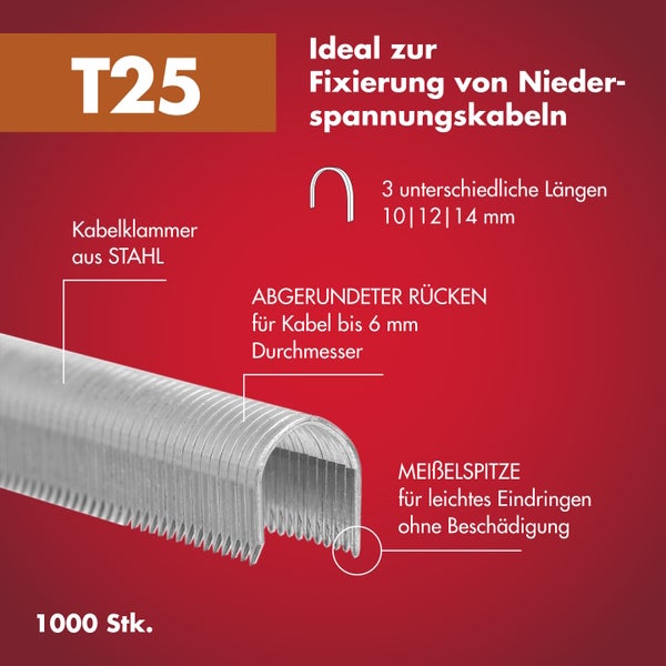 T25 Kabelklammern aus Stahl, abgerundeter Rücken für Kabel bis 6 Millimeter Durchmesser, Meißelspitze, 1000 Stück.