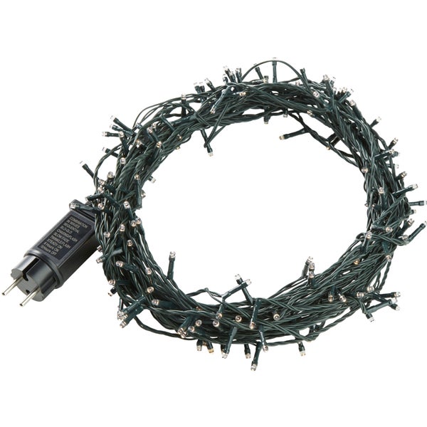 LED-Lichterkette mit dunkelgrünem Kabel und Netzstecker inklusive Timer-Funktion und verschiedenen Leuchtmodi.