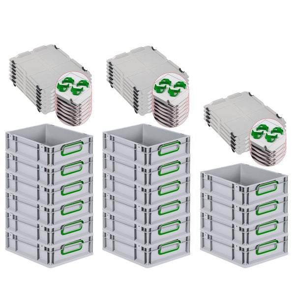 PROREGAL Spar Set 16x Eurobox Nextgen Color Mit Auflagedeckel & Schiebeschnappverschlüsse HxBxT 12 x 30 x 40 cm Griffe Grün Geschlossen Glatter Boden