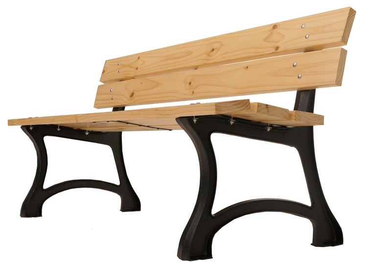 Holzbank mit Rückenlehne und Metallgestell