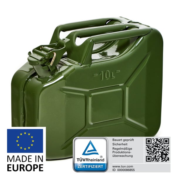 BW® Kraftstoffkanister Metall Benzinkanister 10 Liter - Olivgrün - RAL 6003 - TÜV-geprüft und UN-Zulassung - Made in Europe